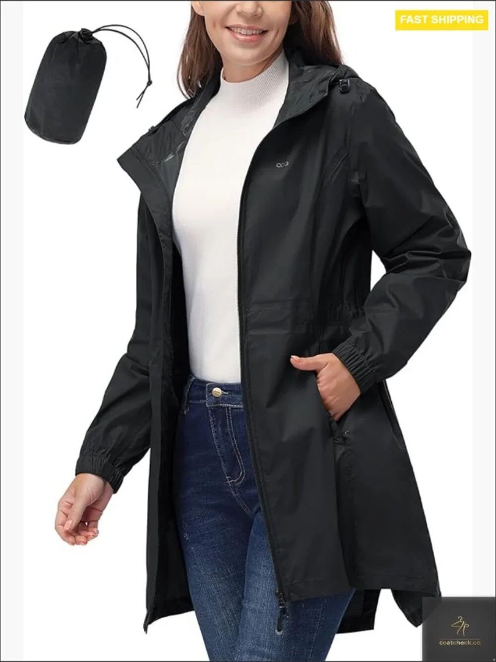 Waterproof Packable Trench Coat Windbreaker Hooded Long Rain Jacket Women's